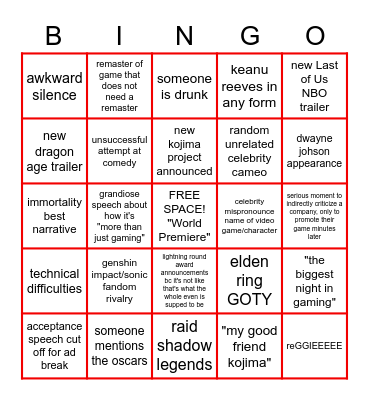 2022 GAME AWARDS Bingo Card