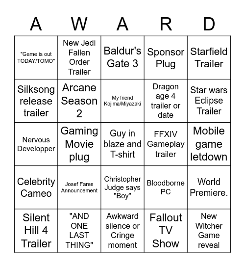 Game Award 2022 Bingo Card