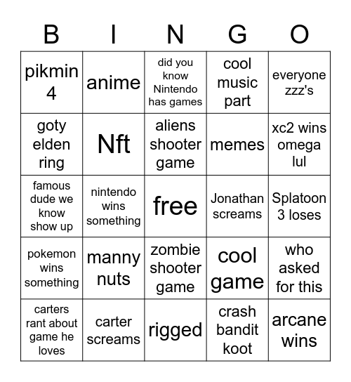 game awards bingo Card