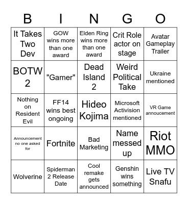 GAME AWARDS 2022 Bingo Card