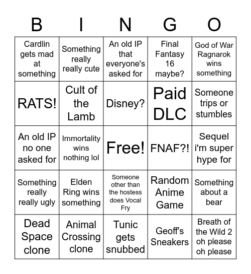 Game Awards 2022 Cardlin Bingo Card