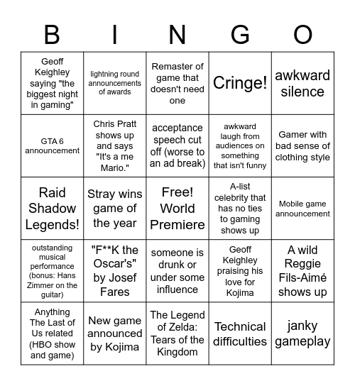 The Game Awards Bingo Card