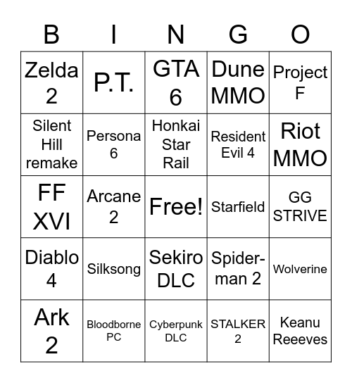 TGA Bingo Card