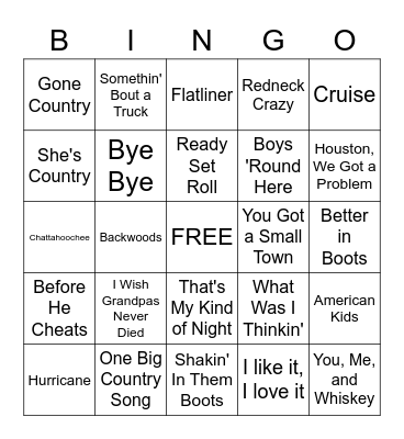 COUNTRY MUSIC NIGHT 1 Bingo Card