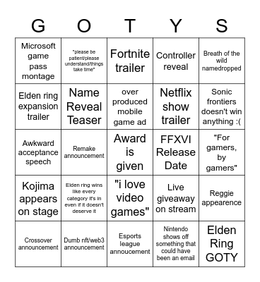 Goatys 2022 Bingo Card