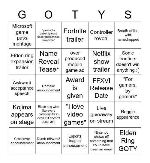 Goatys 2022 Bingo Card