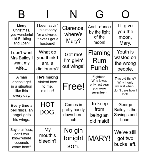 It's a Wonderful Life Bingo Card