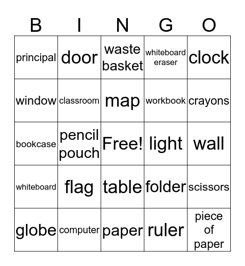 Spanish School Vocab Bingo Card