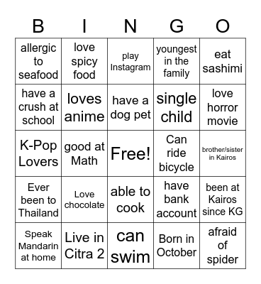Gotcha Bingo Card