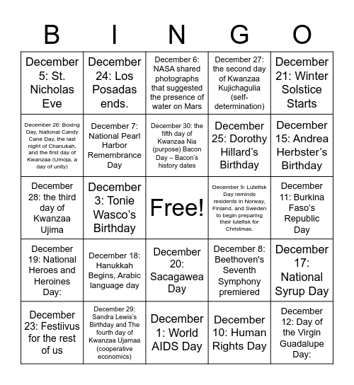 DKG Holiday Bingo Card