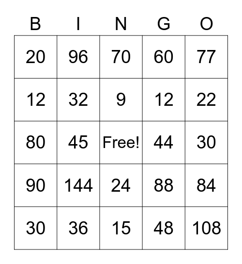 Multiplication and Division Bingo Card
