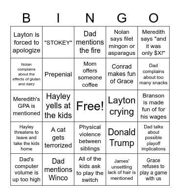 Family Christmas Bingo Card