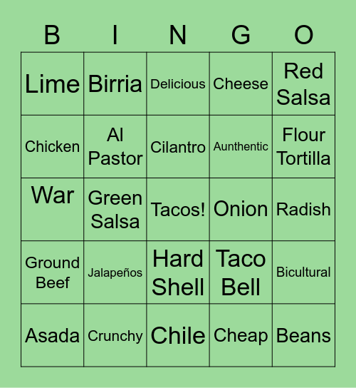 The Great Taco War Bingo Card