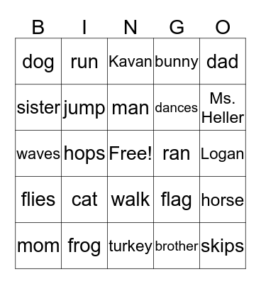 noun/verb bingo Card