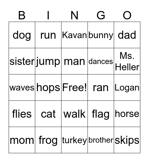 noun/verb bingo Card