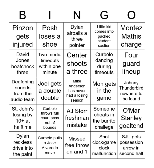 SJU Basketball In-Arena Bingo Card