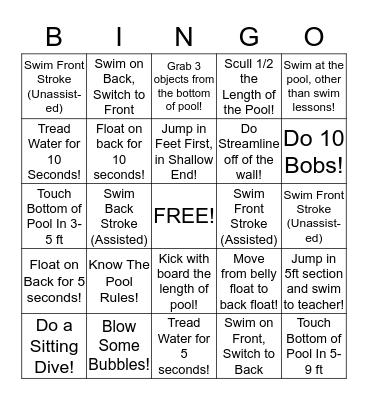 Swim Lesson Bingo Card