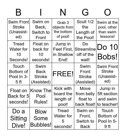 Swim Lesson Bingo Card