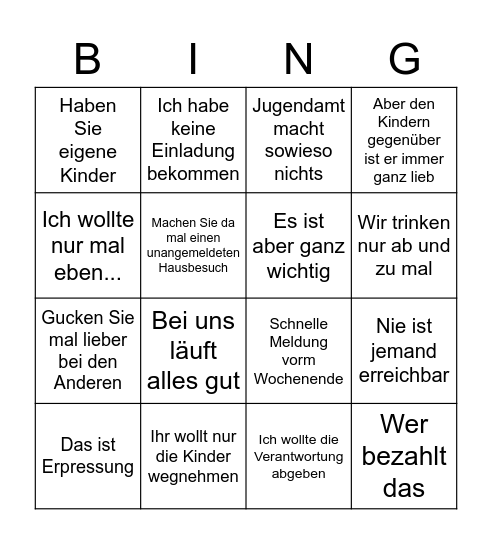Jugendamtbullshit-Bingo Card