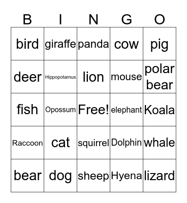 Animals  Bingo Card