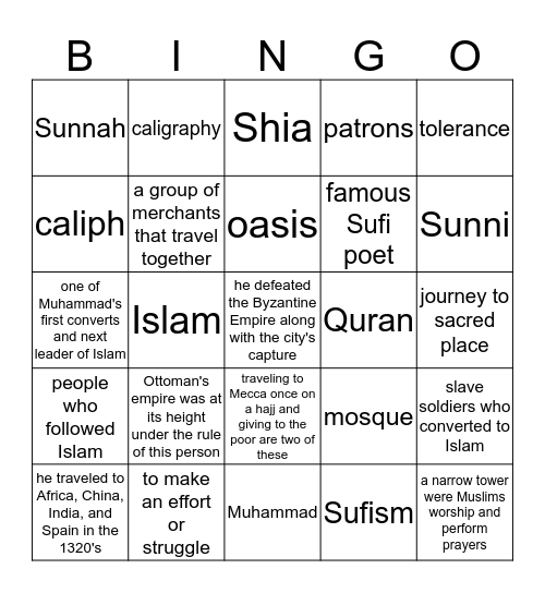 Arabic and Islamic Vocabulary Bingo Card