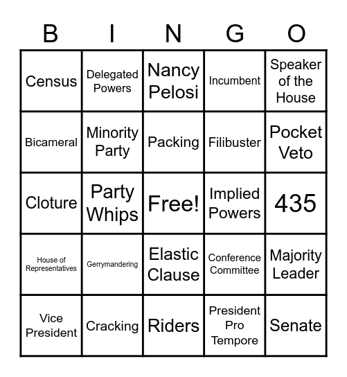 Legislative Branch Bingo Card