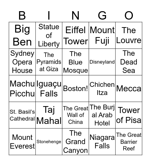 International Travel Bingo Card