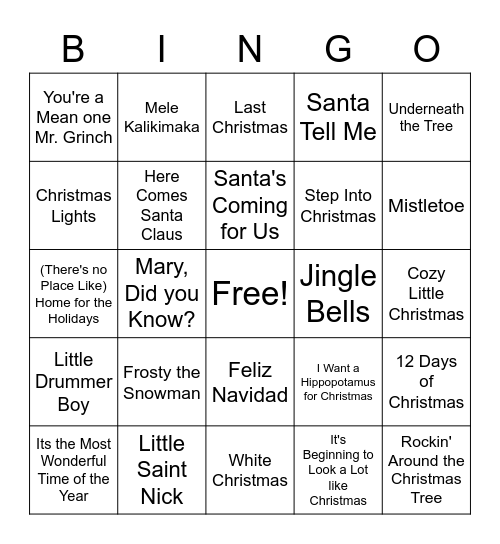 Christmas Music Bingo Card