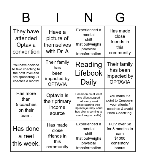 OPTAVIA Coach Bingo Card
