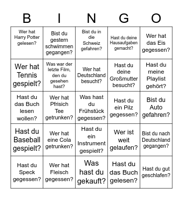 German Past Tense Bingo Card