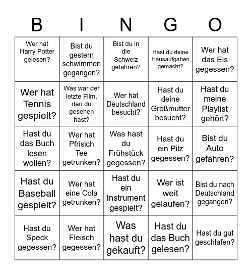 German Past Tense Bingo Card