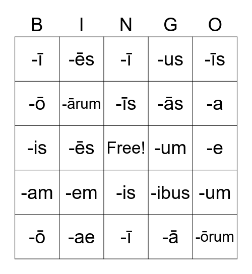 Noun Endings Bingo Card