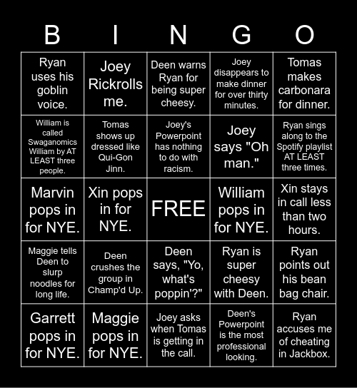 Vending Machine NYE Bingo Card
