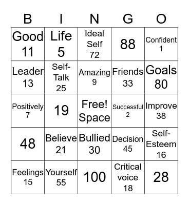 Self -Esteem Bingo Card