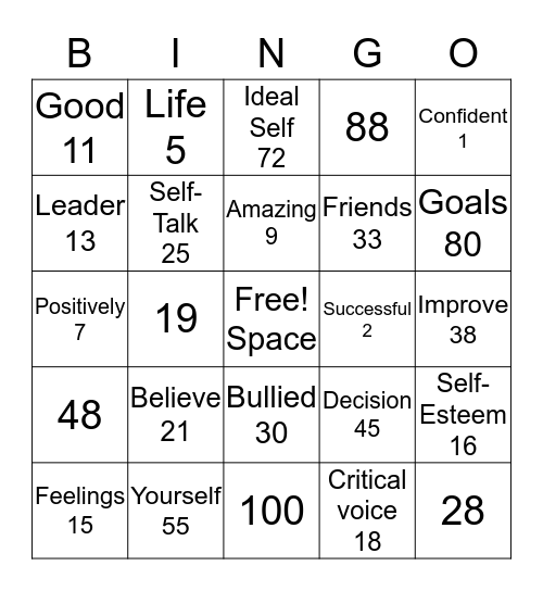 Self -Esteem Bingo Card