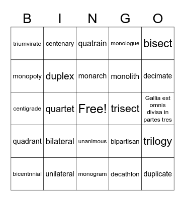 Vocabulary Bingo Card