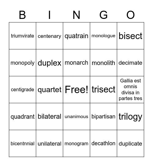 Vocabulary Bingo Card