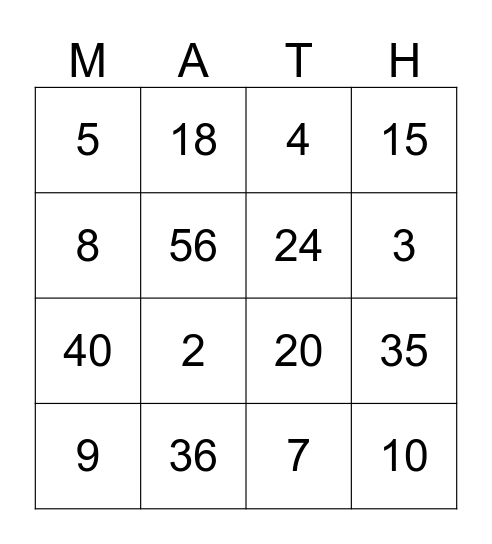 Math Bingo! Bingo Card