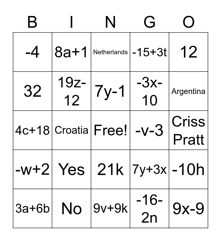 Math Bingo 12/9/22 Bingo Card