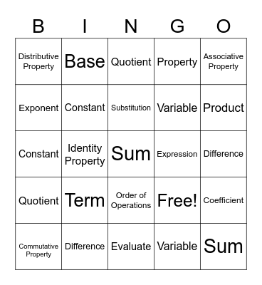 Expressions Vocabulary Bingo Card