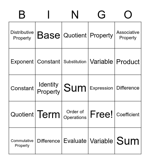 Expressions Vocabulary Bingo Card