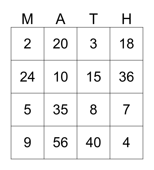 Math Bingo! Bingo Card