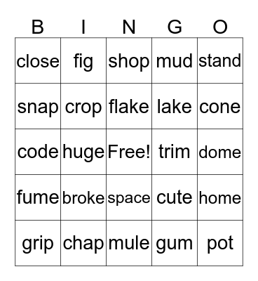 November Magic "e" Bingo Card
