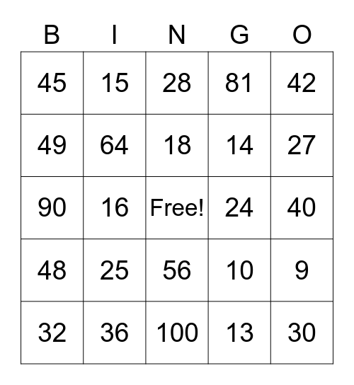 Multiplication Bingo Card