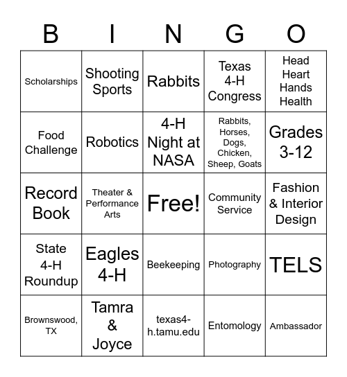 4-H Bingo Card