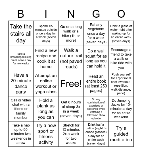 ENTRUST Fitness Bingo Card