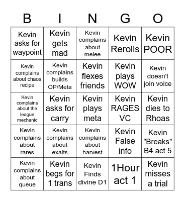 Kevin Bingo Card