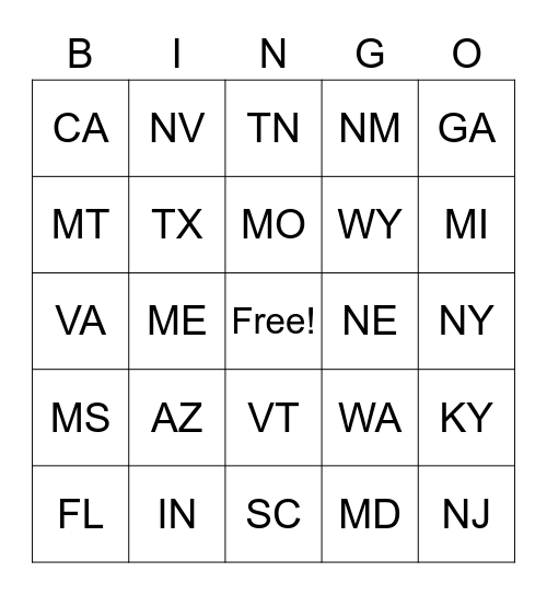 ZIP CODE BINGO Card