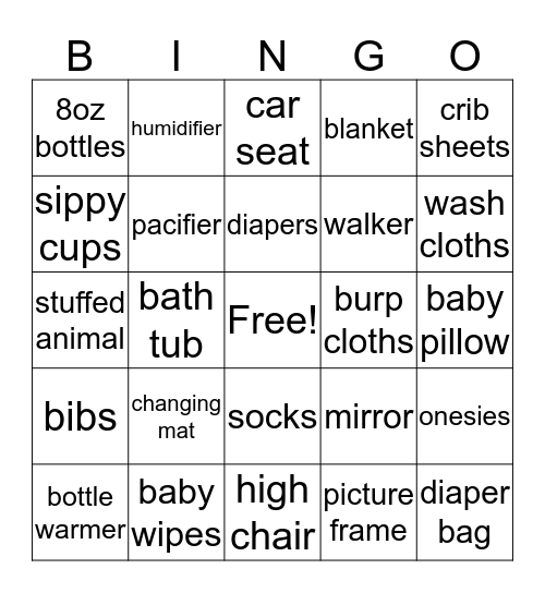 Karrington's Shower Bingo Card