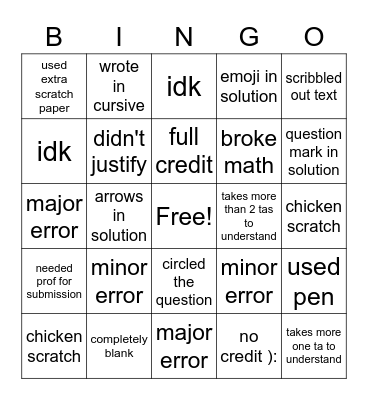 grading woooo Bingo Card